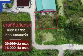 TEL3002, ที่ดิน กันตนา เนื้อที่ 83 ตรว. ติดถนนคอนกรีต ติดถนน  16 เมตร ลึก 20 เมตร เหมาะปลูกบ้าน